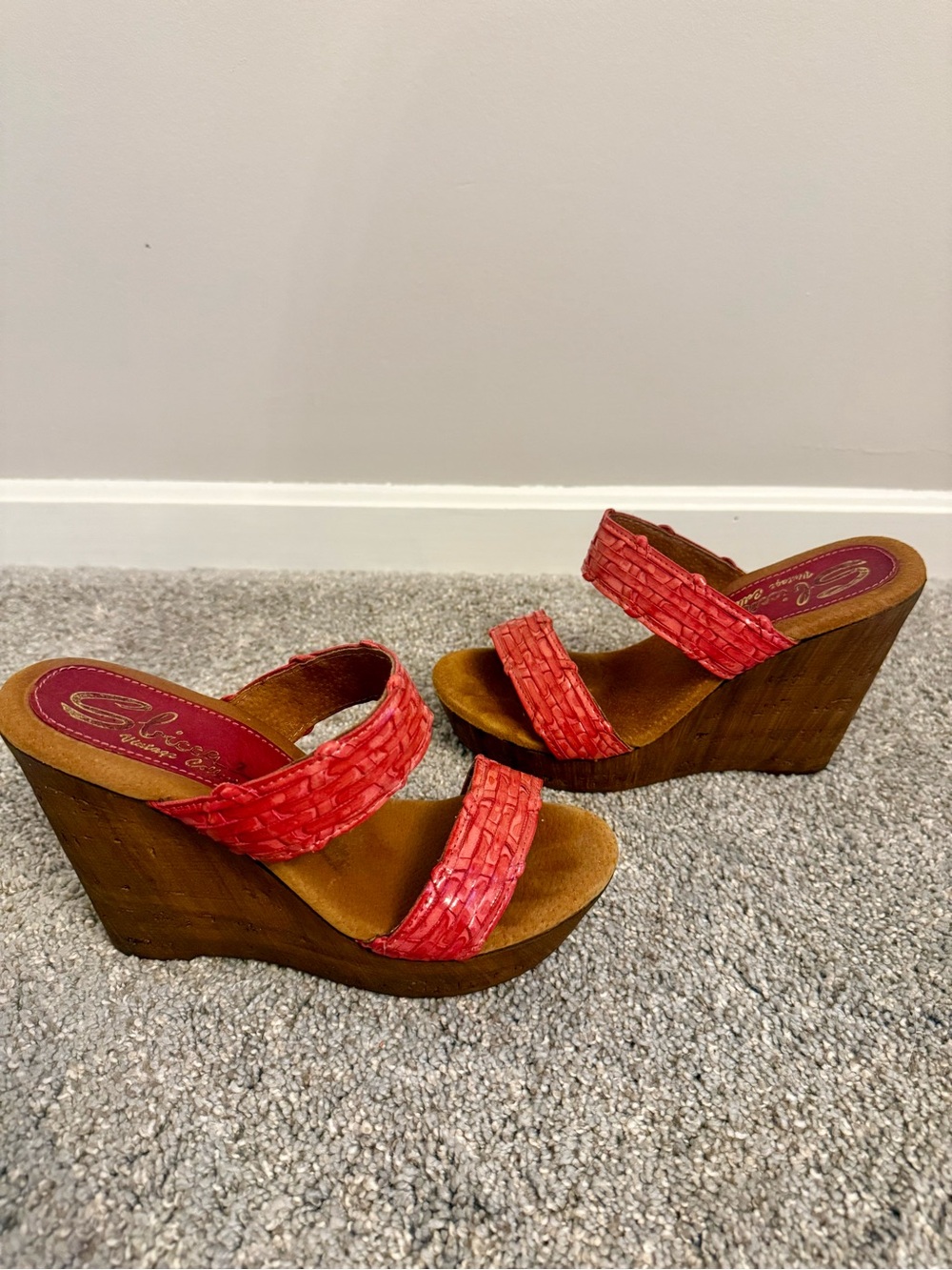 Sbicca Hot Coral/Tomato Red Woven Double-Strap Wedge Sandals